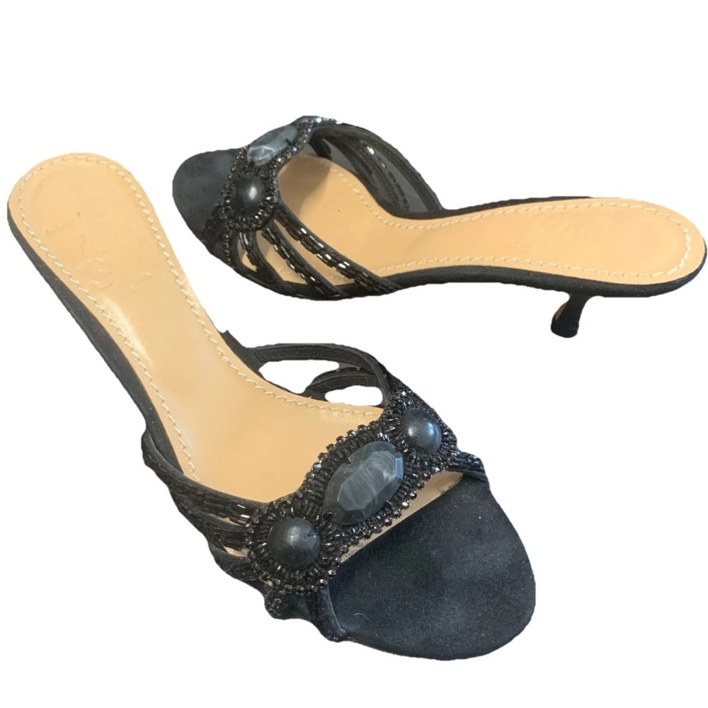 EUC Designer Malìparmi Black Beaded/Stone Embellished Kitten Heel Leather Suede